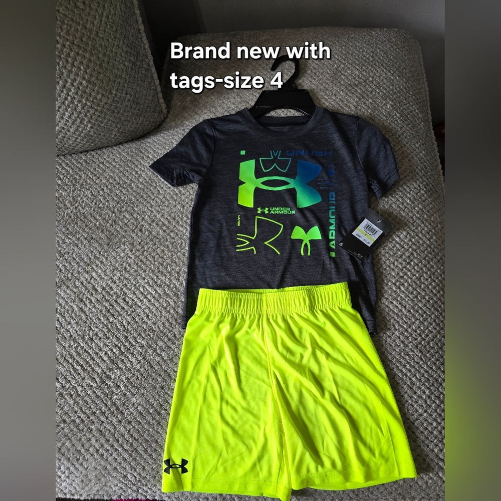 Under Armour Boys Charcoal Tee with Neon Yellow-Green Shorts